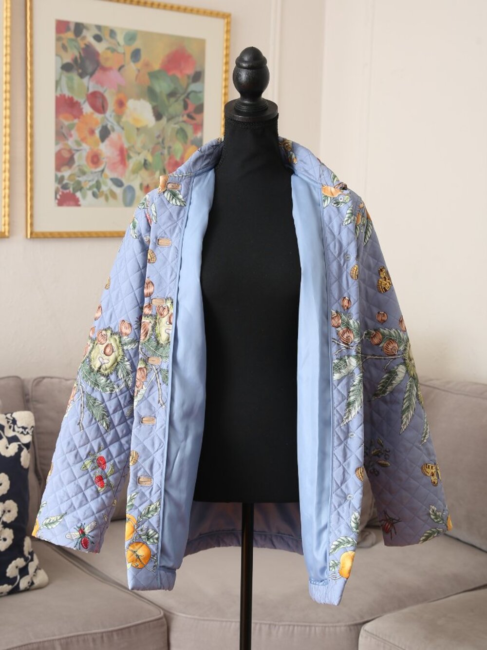 J. MCLAUGHLIN 100% Silk Blue Botanical Quilted Puffer Chore Jacket - Picture 3 of 15